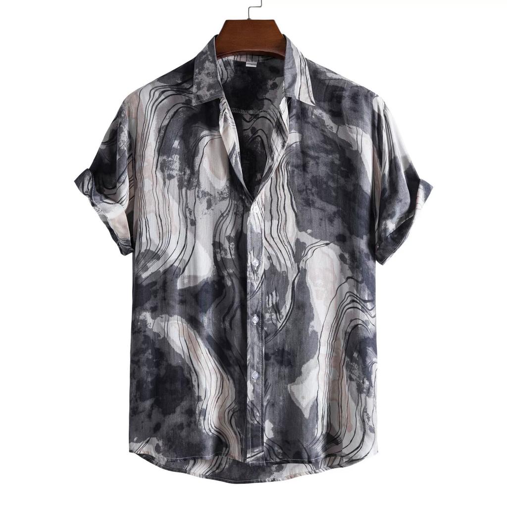 Men's Summer Short-sleeved Floral Casual Shirt Youth Square Collar Handsome Thin Cardigan