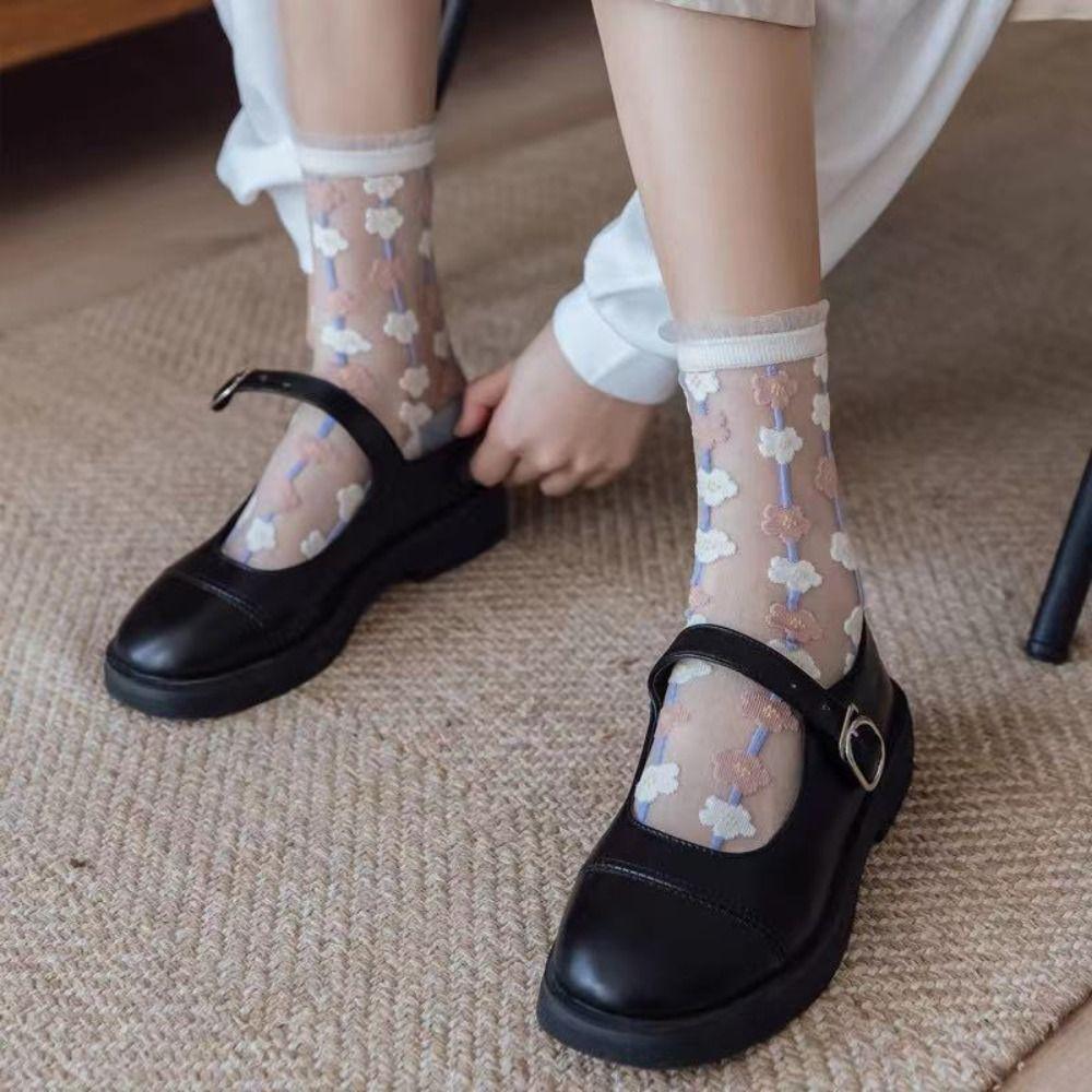 5Pairs Glass Silk Tulle Mid Tube Socks Mesh Sweet Socks Women Soft Transparent Flower Socks  Girl