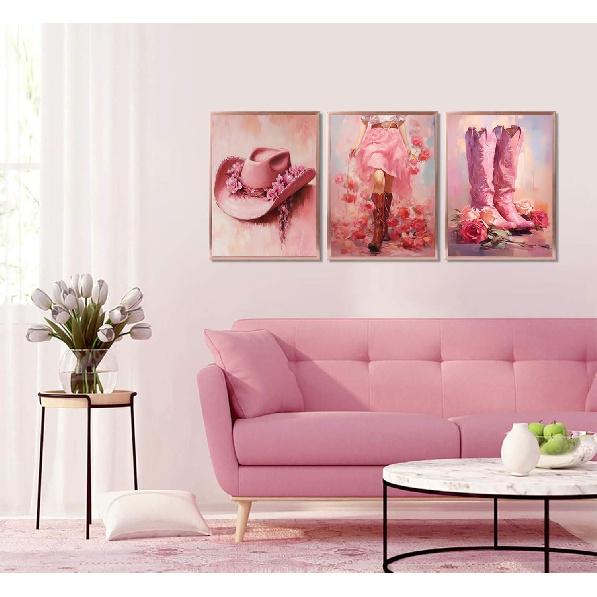 3pcs Pink Cowgirl Canvas Wall Art Funky Cowgirl Boots Posters Prints Paintings Western Flower Boots Hat Aesthetic Pictures Wall Decor for Preppy Room