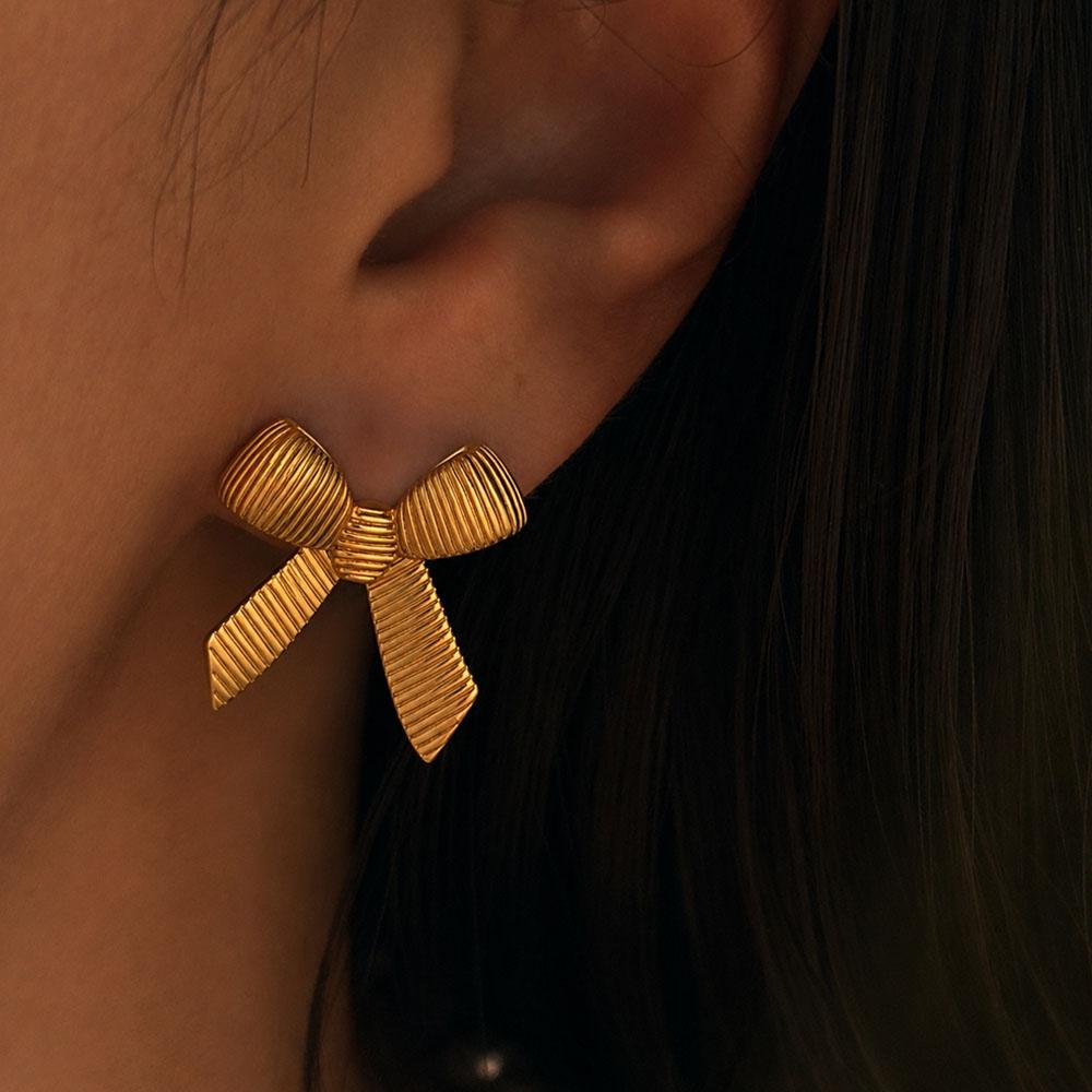 Fashion Striped Texture Bow Knot Stud Earrings for Women Gold Plated Stainless Steel BowKnot Waterproof Jewelry