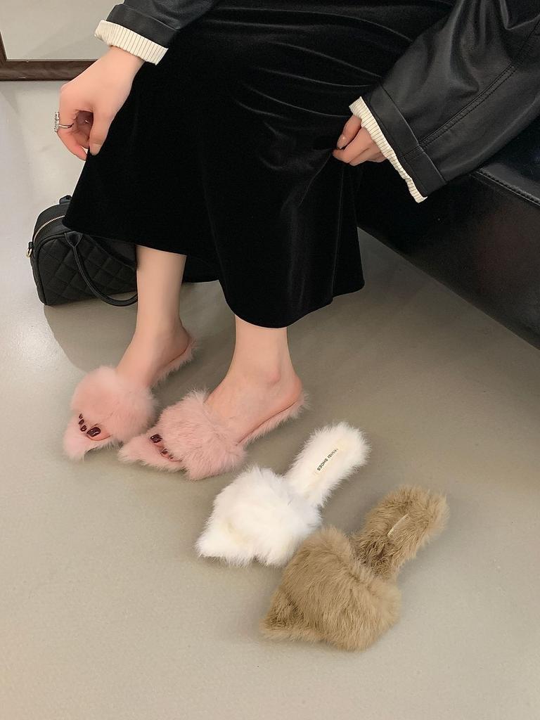 2025 autumn and winter new European and American pointed head slender heel long mink hair one-word slippers cat hair drag