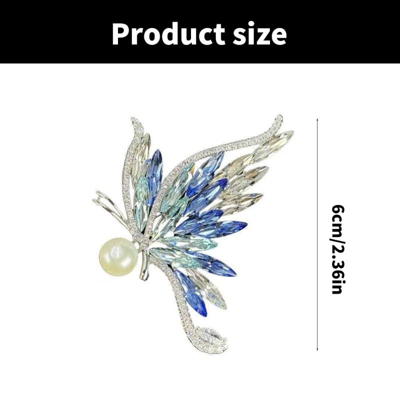 Fashionable Crystal Butterfly Pin with Gradient Colors Rhinestones Pearls Lapel Pin Accessory Breastpin for Social Event