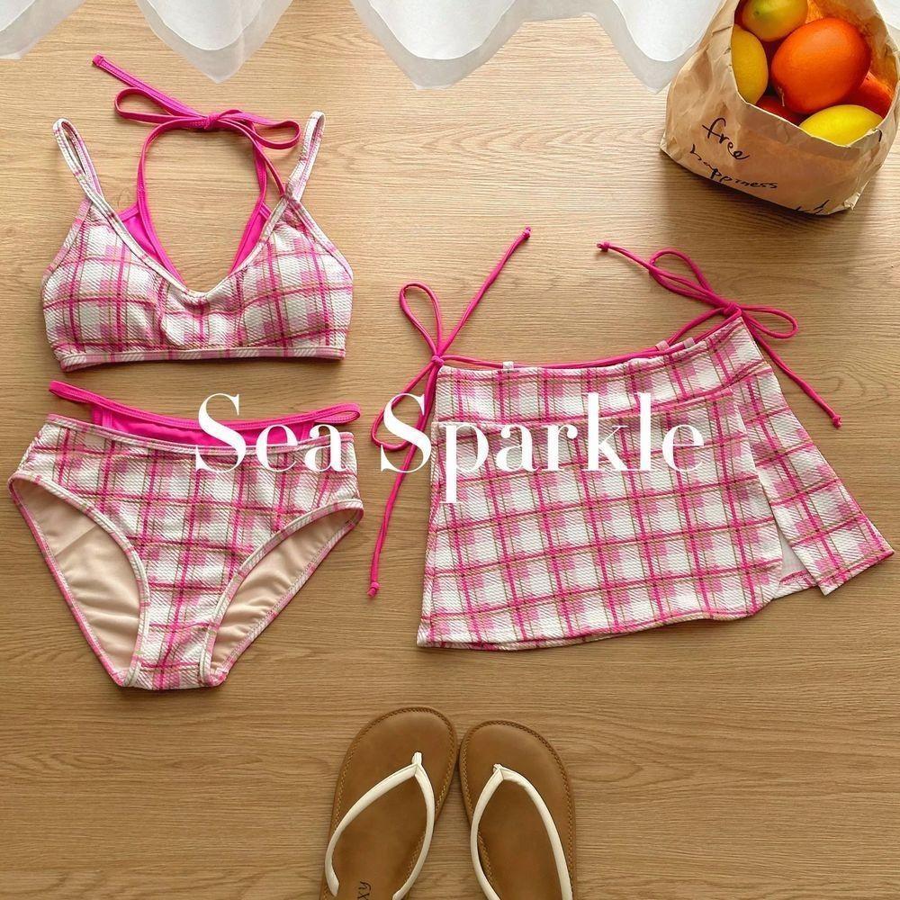 

[SeaSparkle] Tyrande Vintage Niche Checkered Split Swimsuit Three-piece Resort Hot Spring XL рожевий