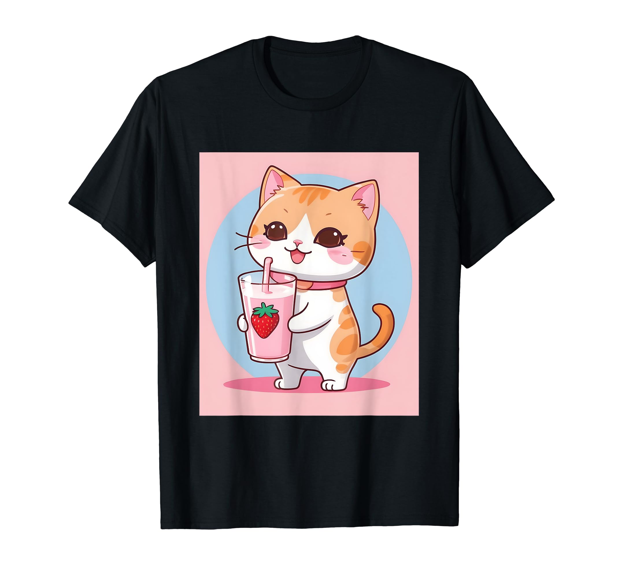 

strawberry things printed Kawaii, cat, milk, cute, Japanese, T-shirt чорний