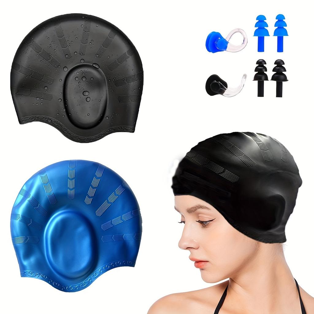2pcs Silicone Swim Caps with Waterproof, 3D Fit Design for Men & Women with Long Hair, Includes Black & Blue Caps + Earplugs