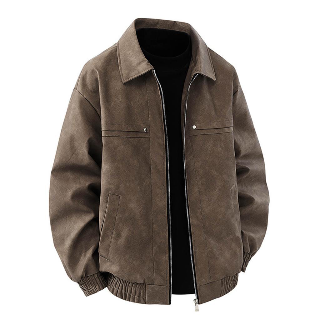 Men's Retro Color Lapel Leather Jacket Casual Sports Loose Coat