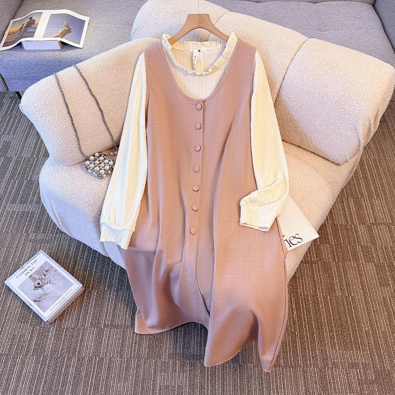 Plus Size Korean Style Apricot Knitwear & Pink Straight Tube Vest Dress Set for Women (130-350 Lb)