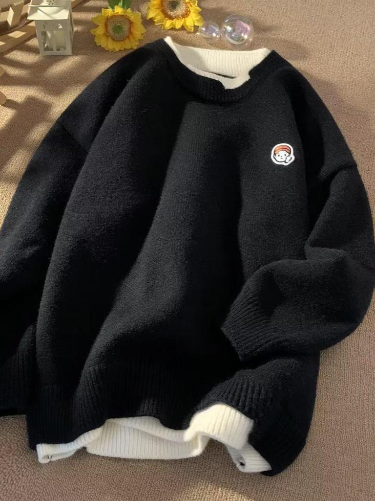 Men's Loose Fit Color Block Knit Sweater - Autumn/Winter Hong Kong Style with Round Neck, Couples Design