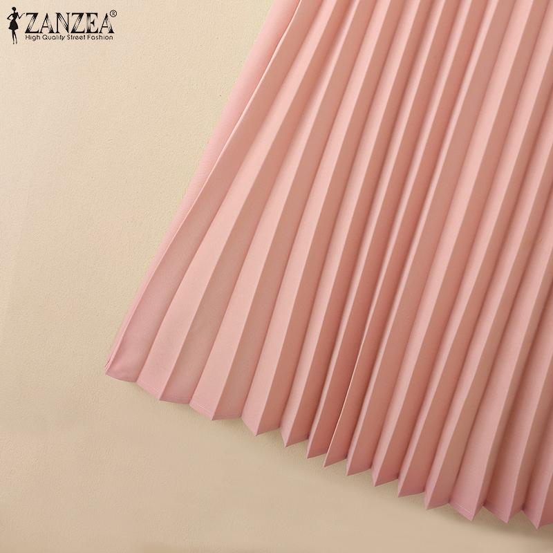 ZANZEA Women Casual V-Neck Summer Short Sleeve Pleated Dres