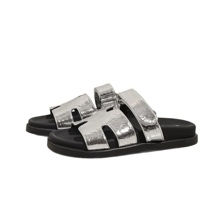 Evropská stanice kožené retro silné podrážky stříbrné suché zipy cool pantofle dámské ploché podrážky H druhý strýc pantofle ležérní plážové boty
