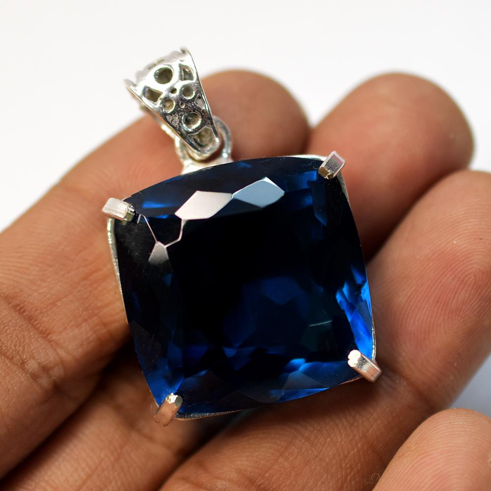 Pandantiv Topaz Albastru Pătrat Perna Argint Sterling 925 Natural 124 Ct CERTIFICAT my-481-sa