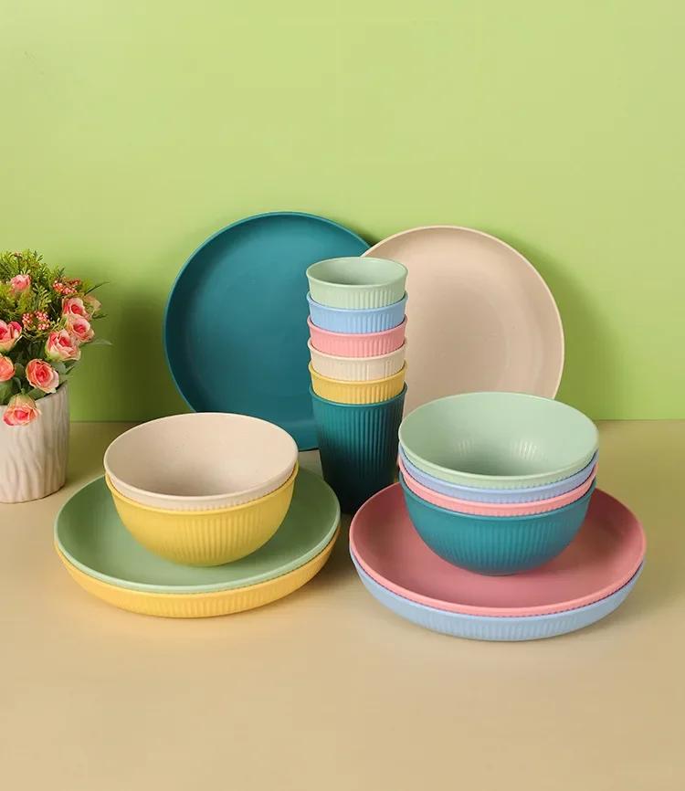 Wheat Straw Dinnerware Set Eco-friendly Safety Plates Cups Bowels Home Party Tableware Set Outdoor Camp Candy Colour Gift