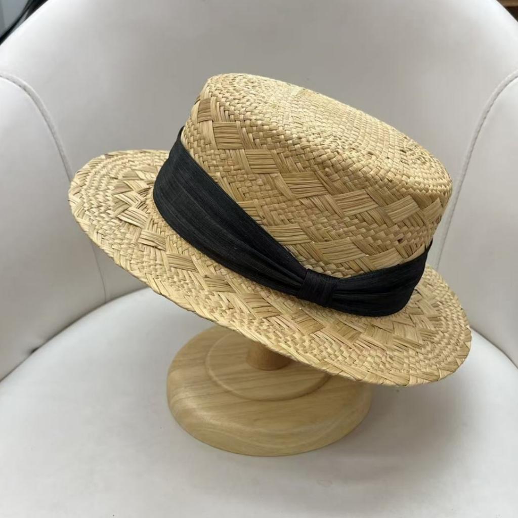 French lightweight and breathable straw, flat-top small edge silk hemp straw hat, children's summer travel sunscreen sunshade top hat