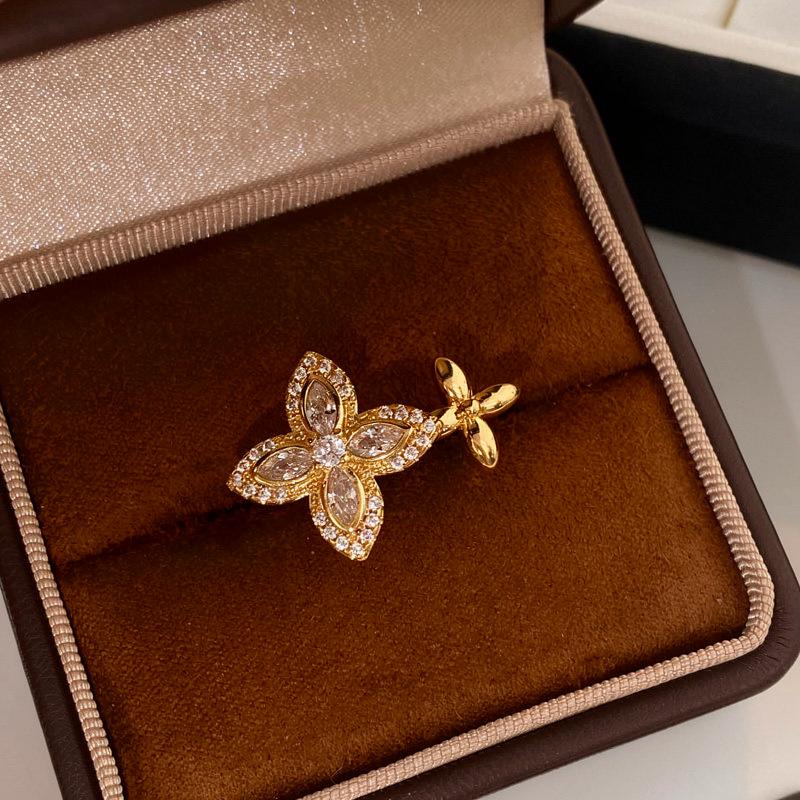 Gold Rhinestone Zirconia Flower Open Ring - Women's Luxury Adjustable Finger Ring