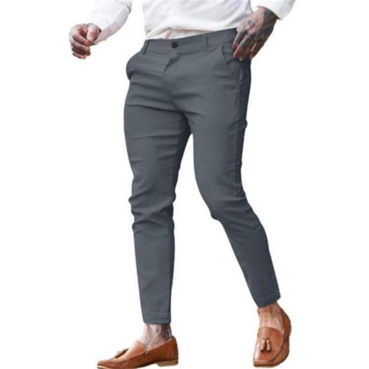 Men Pencil Pants Solid Color Long Trousers with Pockets Mid Rise Regular Fit Zipper Button Placket