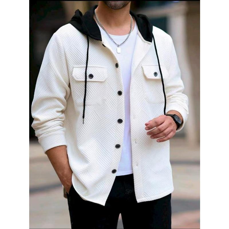 Men s Contrast Black Hood Textured Shirt Jacket Button Up Casual Outerwear with Pockets L белый