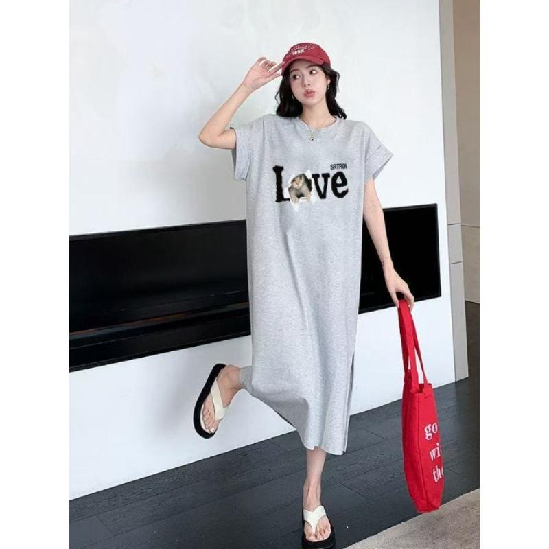 T-shirt Loose Casual Oversized Dress with A Slit At The Hem and A Long Skirt Design