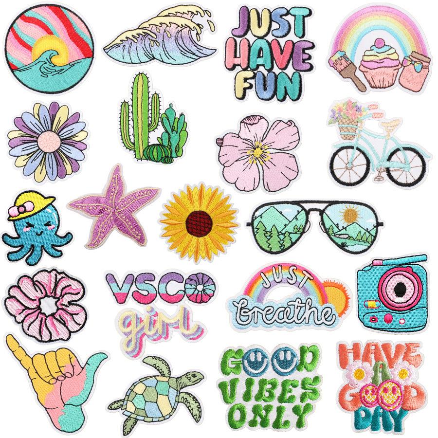 Summer Series Wave Embroidery Cloth Sticker Rainbow Cactus Computer Embroidery Label Cartoon Bus Patch Sticker