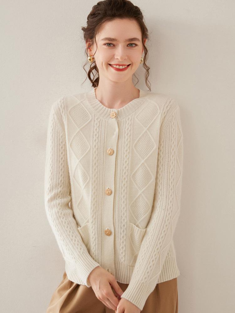 Women's Cable Knit Wool Cardigan - Long Sleeve, Single Breasted, Thick Cashmere Knitwear for Autumn and Winter