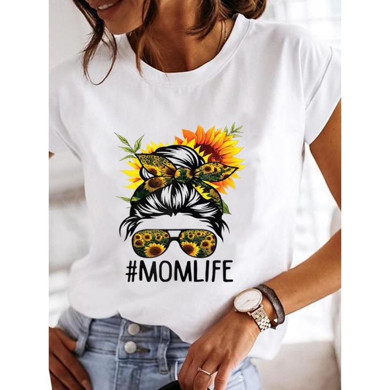Spring Summer Women's Clothing Love Flower Plant Printed Casual Simple Trendy Top Round Neck Pure Cotton Short Sleeved T-Shirts Women’s