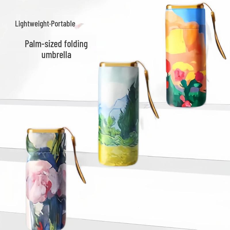 Compact Chinese-Style Oil Painting Umbrella: Portable, Manual Open, UV Protection for Sun & Rain