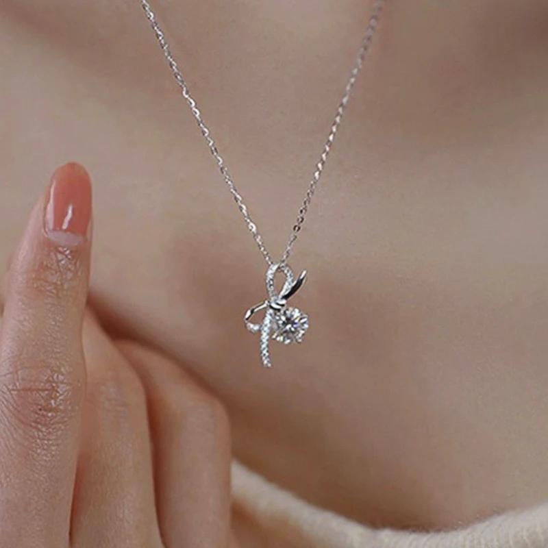 Huitan Fresh Style Women Pendant Necklace Bowknot Shaped Aesthetic Inlaid Shiny CZ Accessories Jewelry for Wedding Anniversary
