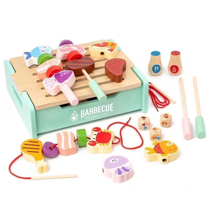 Wooden BBQ Toys Set Kitchen Pretend Play Toys Food Matching Game Children Role-playing Game Fine Motor Toys For Boys Girls