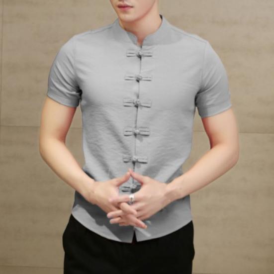 Men Summer Shirt Stand Collar Short Sleeve Solid Color Slim Fit Knot Buttons Daily Wear Chinese Traditional Clothes Vintage Chinese Style Men Top Men