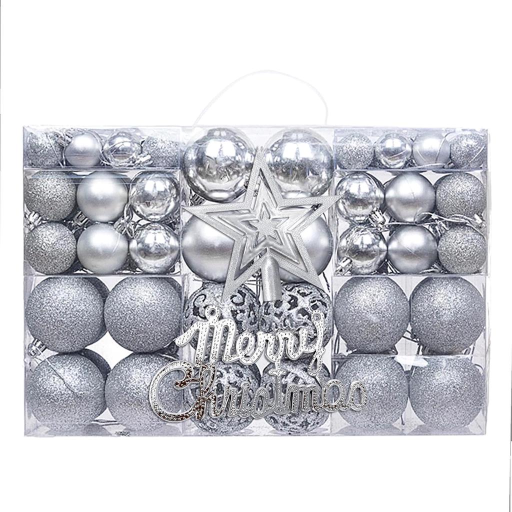 Christmas Tree Decorations Set: 100 Pieces with Tree Topper Star, Letter Tags, Hollow Plastic Balls, and Baubles Ornaments.