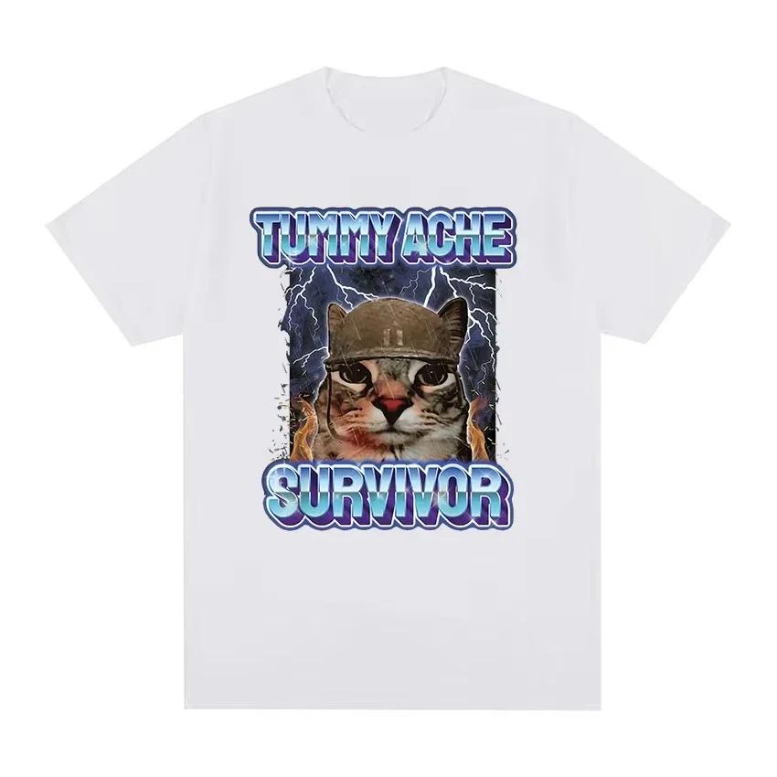 Vintage Barriga Dolor Sobreviviente Divertido Gato Meme Camiseta Hombres Mujeres Ropa Moda Camiseta De Manga Corta Casual