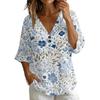 Women Vintage Floral Print V Neck Loose Fit Short Sleeve Blouse Linen Blend Casual Summer Top with Button Detail