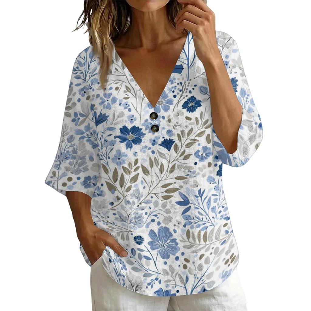 Women Vintage Floral Print V Neck Loose Fit Short Sleeve Blouse Linen Blend Casual Summer Top with Button Detail