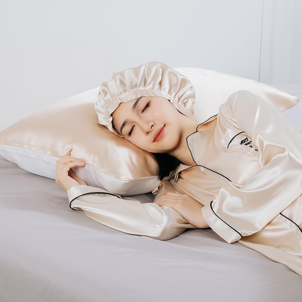 GENKINU Night 22 for Short and Long Includes Authenticity Verification Silk Cap for Shiny Adjustable for Sleeping Cap, 100% Silk, Momme, Hair, Sample,