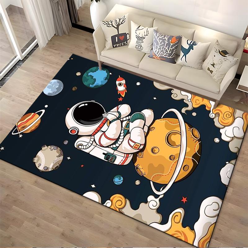 "Cartoon Astronaut Sitting on Planet Space Theme Carpet Rug Design" Suitable for use as an anti-slip for living room bedroom sofas
