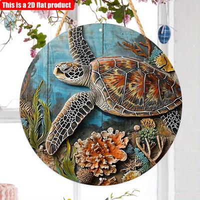 2D Flat 20*20cm1pc Cartoon Turtle Theme High Quality Round Art Decorative Plate, Underwater Landscape Seagrass Pattern Vintage Style Wooden Pendant