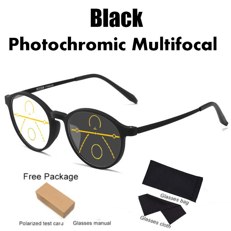 

Progressive Photochromic Reading Glasses unisex Pure Titanium Multi-focus Anti-blue light Business Eyeglasses Round TR90 Frame +300