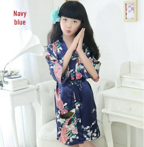 Girls' Silk Peacock Kimono Robe - Children's Nightgown Sleepwear Bathrobe