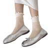 Stylish Womens Solid Color Middle Length Mesh Socks with Ruffle Turn Cuff Frilly Edging Seamless Breathable Crew Socks