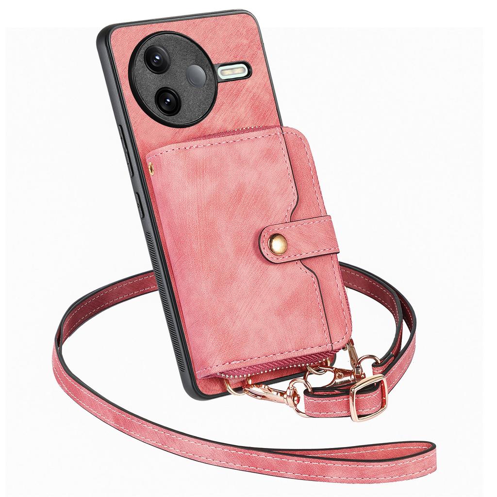 For Xiaomi Poco F7 Pro 5G/Xiaomi Redmi K80 5G PU Leather Phone Back Cover with Zipper Card Holder and Long Strap