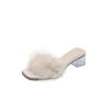 High Heels Women's 2025 Summer New French Fluffy Slippers Transparent Crystal Shoes Thick Heel Square Head Word with Sandals