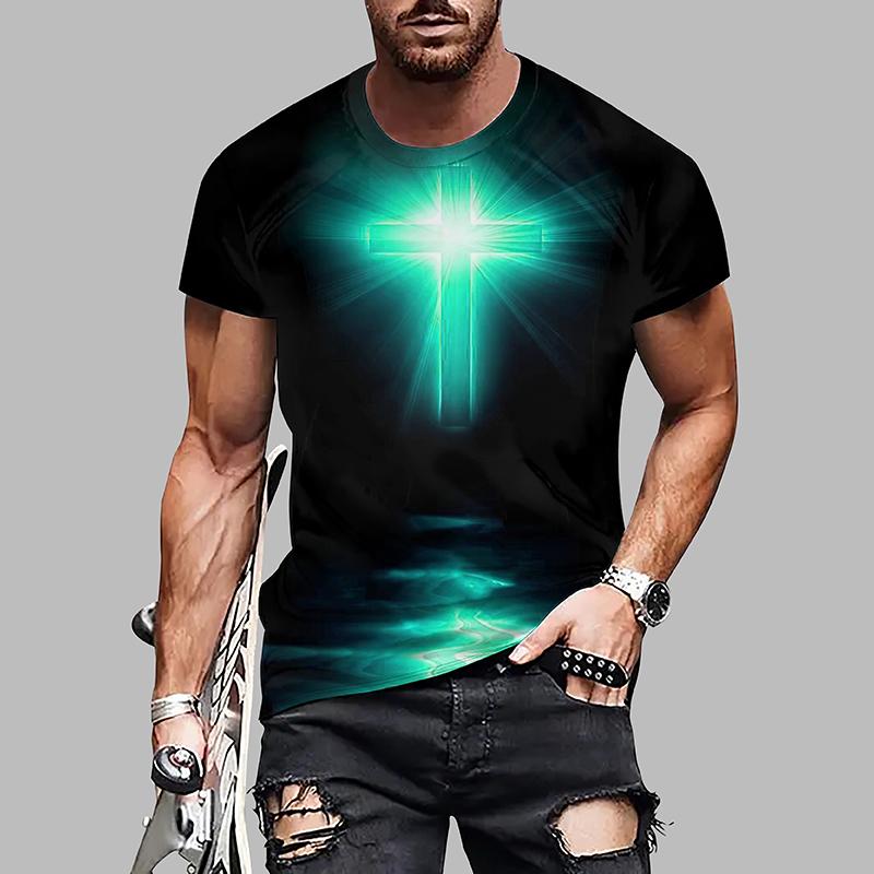 New Summer Men's Fashion T-shirt Personality Cross Printed Men's T-shirt Top