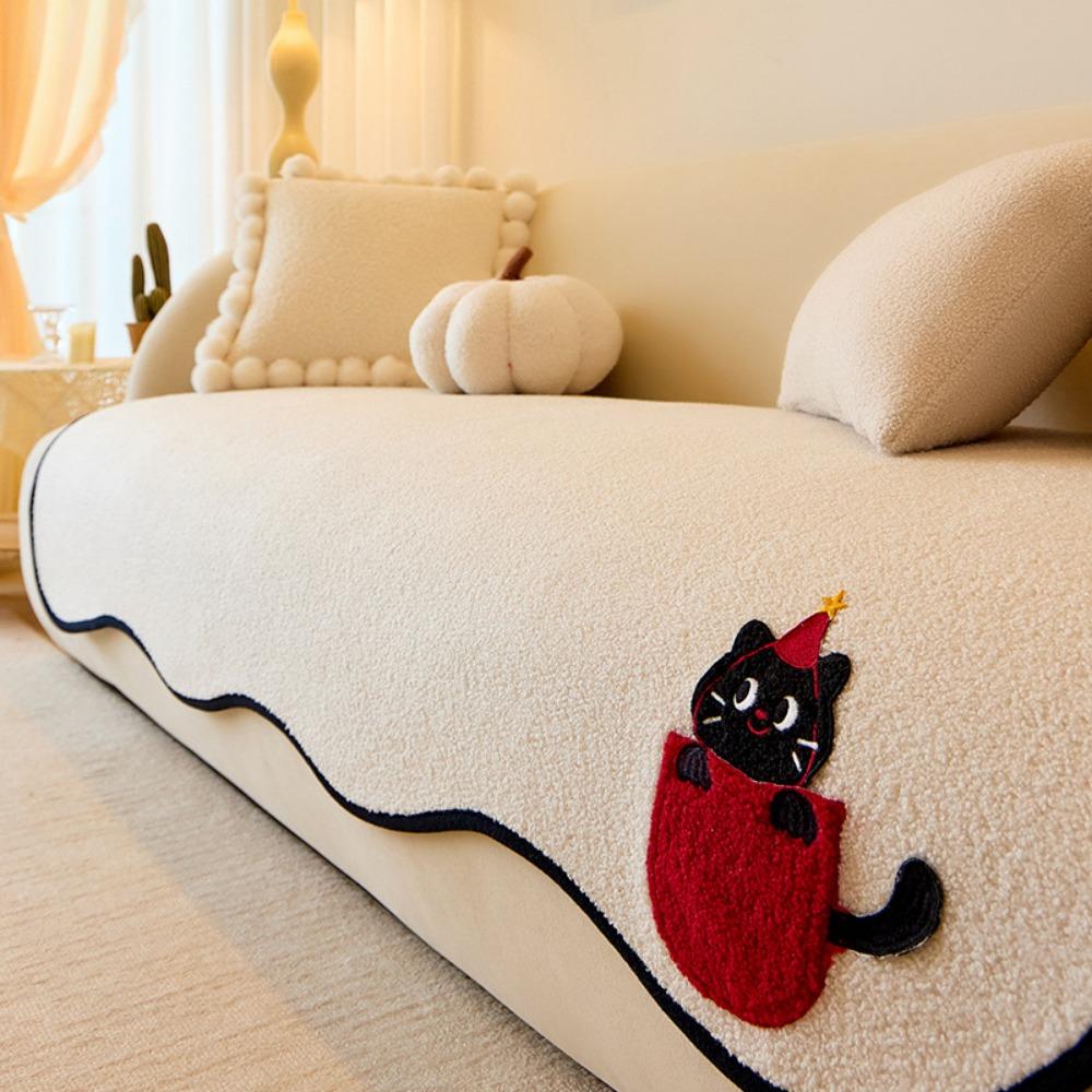 Cartoon Cat Sofa Slipcover Non Slip Teddy Fleece Universal Cover Pet Proof Protector for All Seasons
