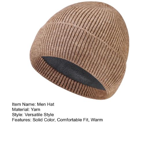Men Hat Winter Warm Wool Knit Hat Solid Color Thickened Velvet Lining Hat Outdoor Sports Skiing Cycling Hat