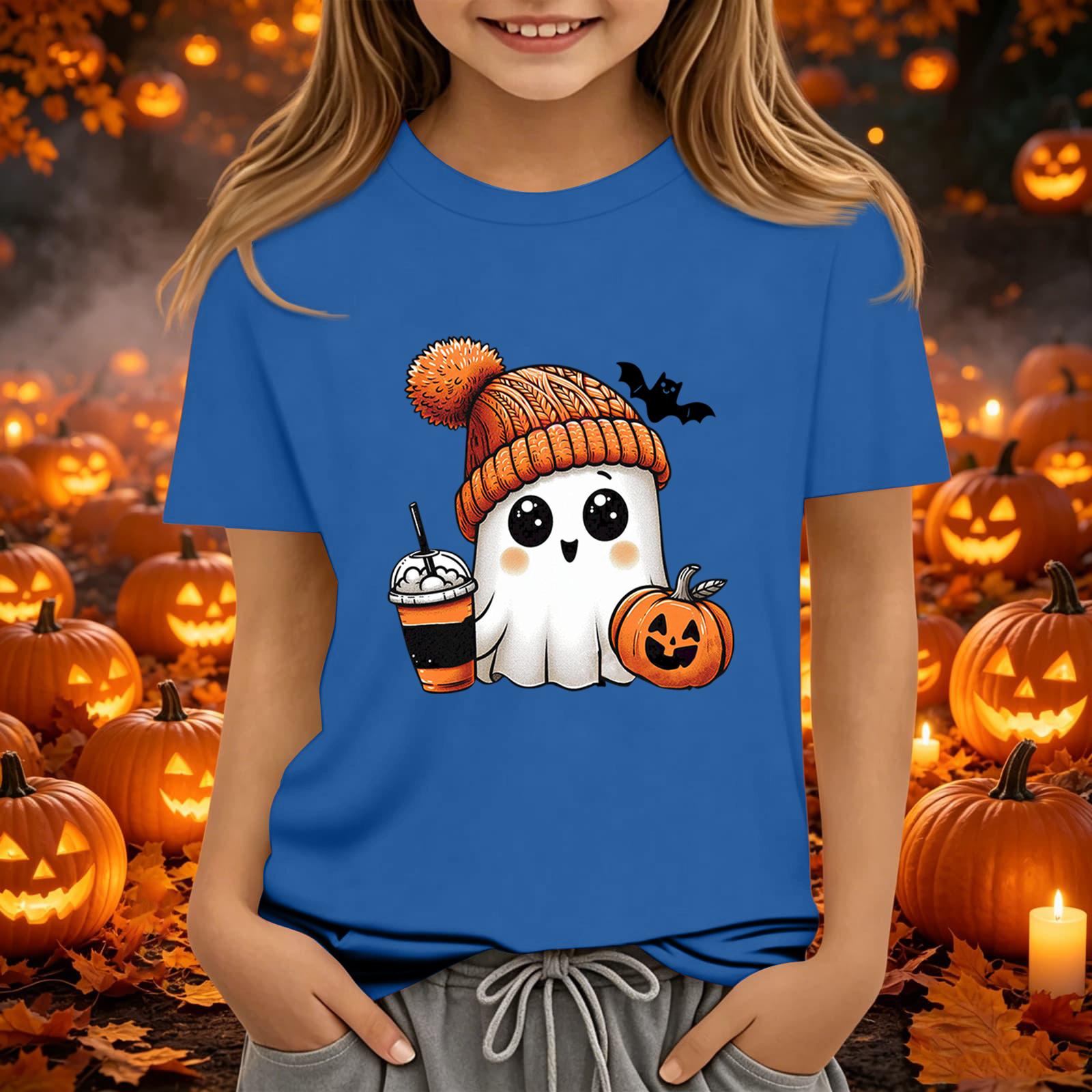 Kids Halloween Printed Short Sleeve T-Shirt Neck Relaxed Fit Casual Top for Boys and Girls 110