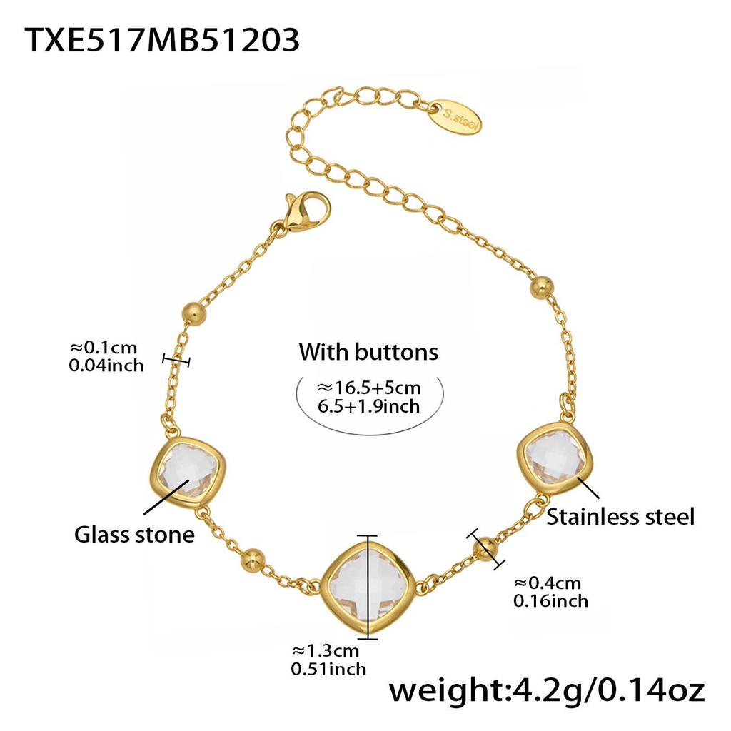 Geometric Glass Stone Earrings & Stainless Steel Bead Necklace Bracelet Set - Multi-color Patchwork Jewelry