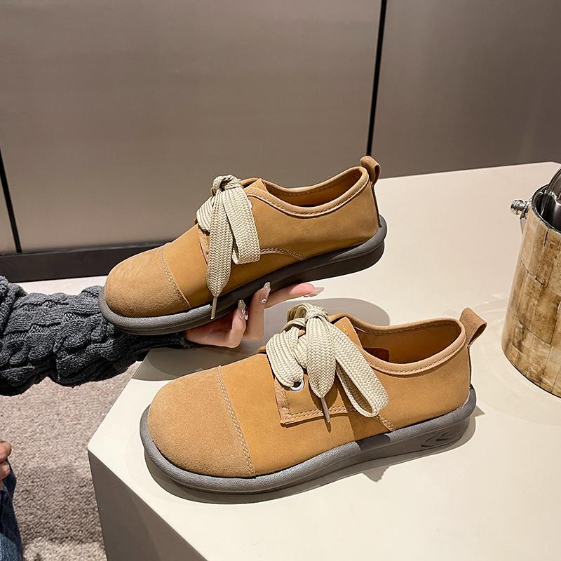 Fashion 2024 Lace up Vintage Bucken Shoes for Women New Thick Sole Pea Shoes Genuine Leather Cow Reverse Fur Sen Series Single Shoes