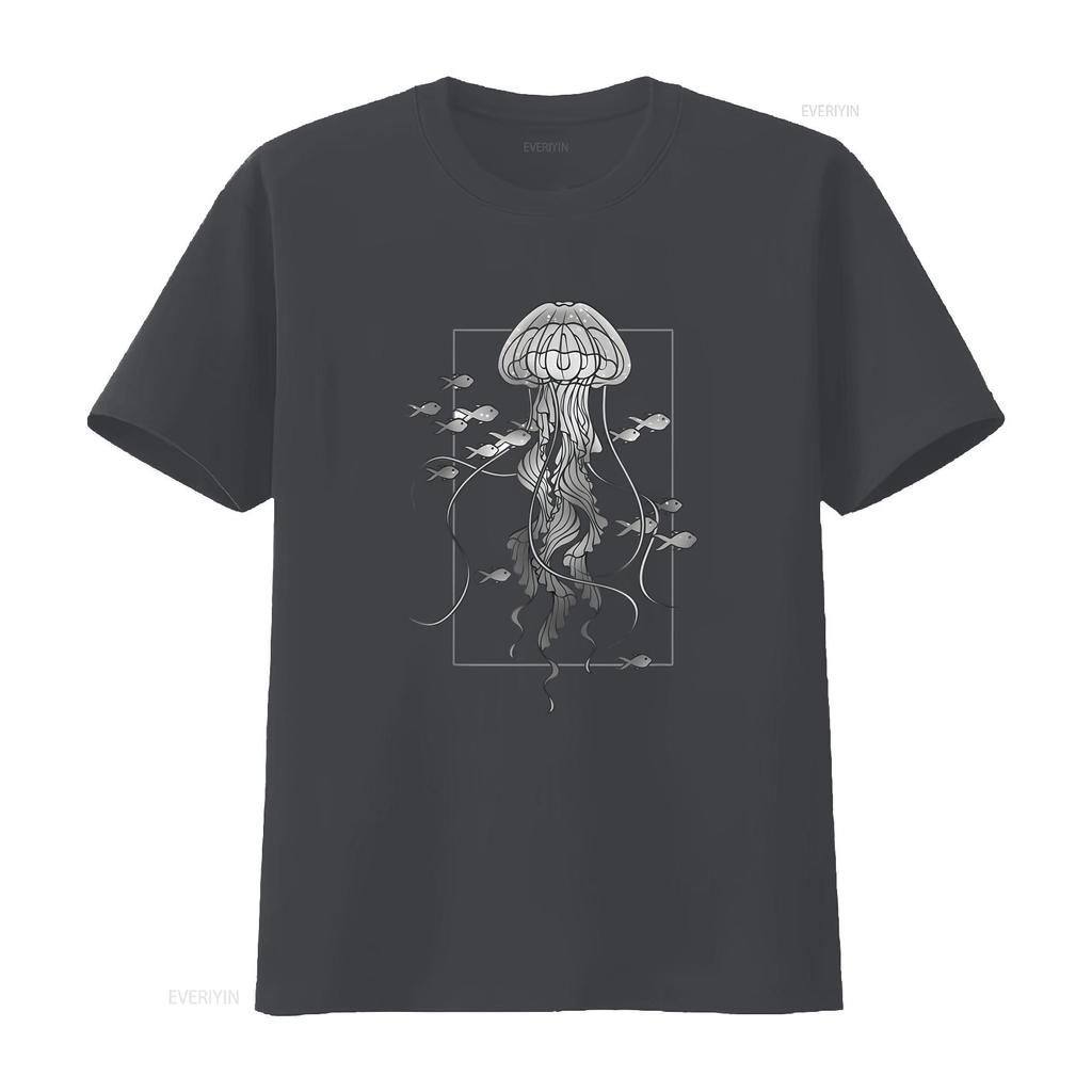 Jellyfish with Fishes In Sea T Shirt Vintage Washed Homme Slightly Streetwear Fashion Breathable Versatile Designer Clothes