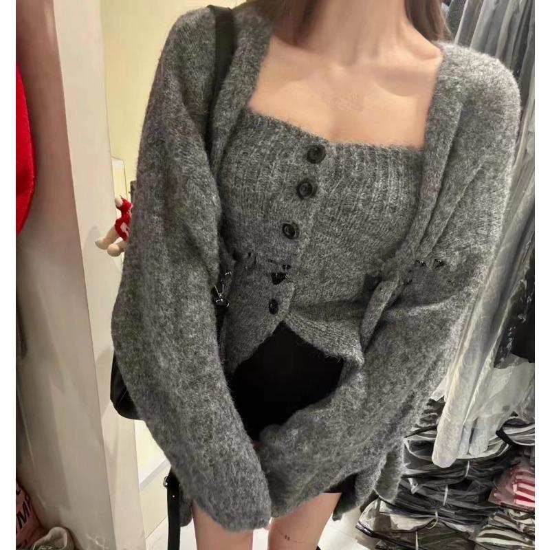 Temperament celebrity sweater set women's autumn and winter new loose tube top vest knitted sweater jacket two-piece set women