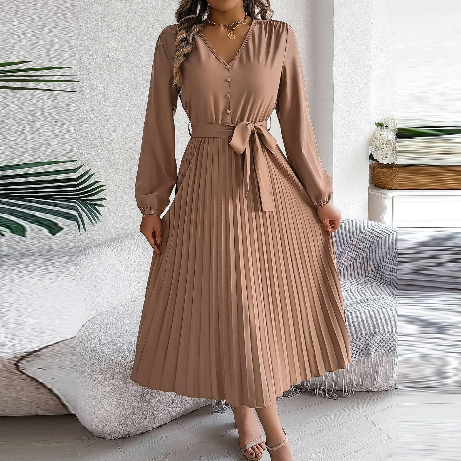 

Женское модное ретро-платье в складку с V-образным вырезом, застежкой на пуговицы и длинными рукавами S хаки