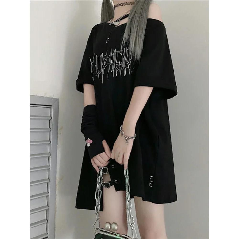 Girl Letter Print Off Shoulder Punk T-shirts Women Casual Street Black Gothic T Shirt Harajuku Streetwear Aesthetic